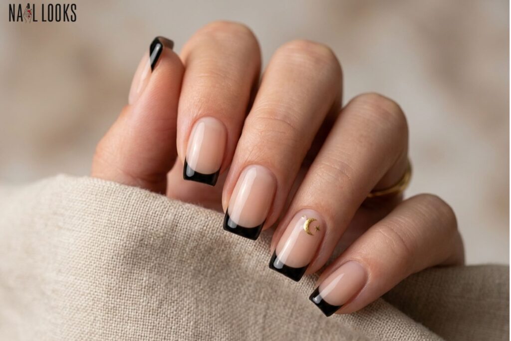 Black French Tips with Moon Accent