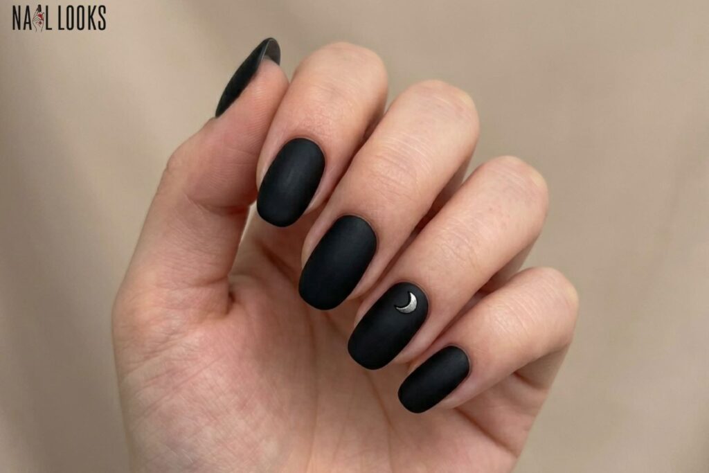 Black Matte Nails with a Tiny Moon