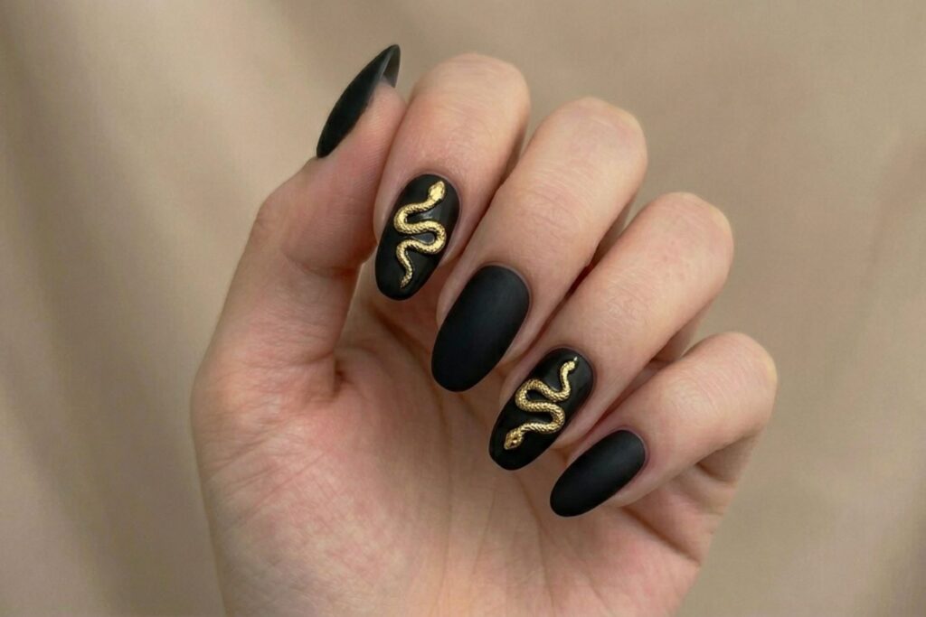 Black Nails with Gold Snake Detail
