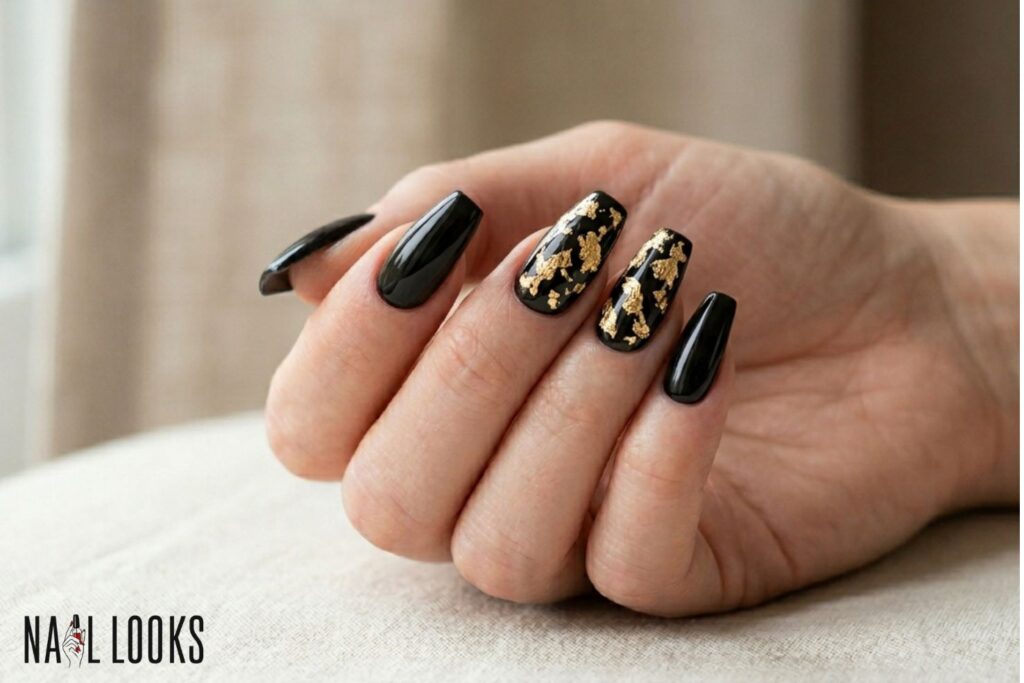 Black Prom Nails with Gold Foil Details