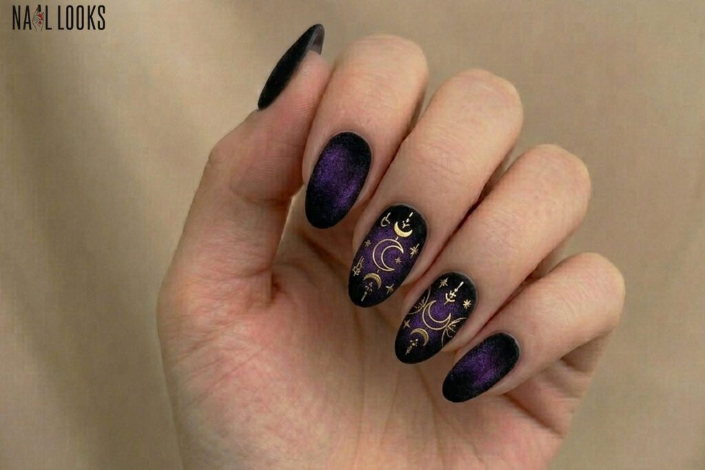 Black Velvet Nails with Purple Shimmer