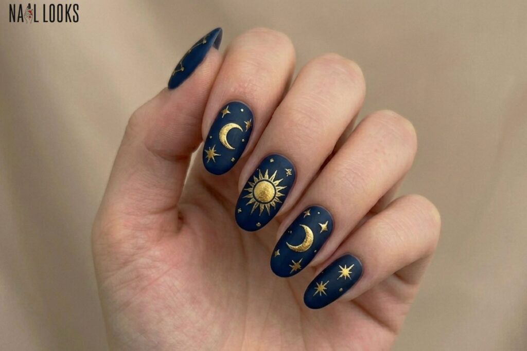 Celestial Nails with Sun, Moon, and Star Design