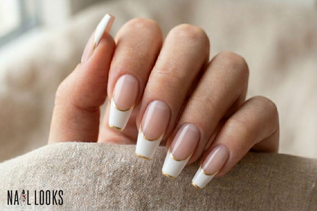 Classy Acrylic Prom Nails — White French with Gold Tips
