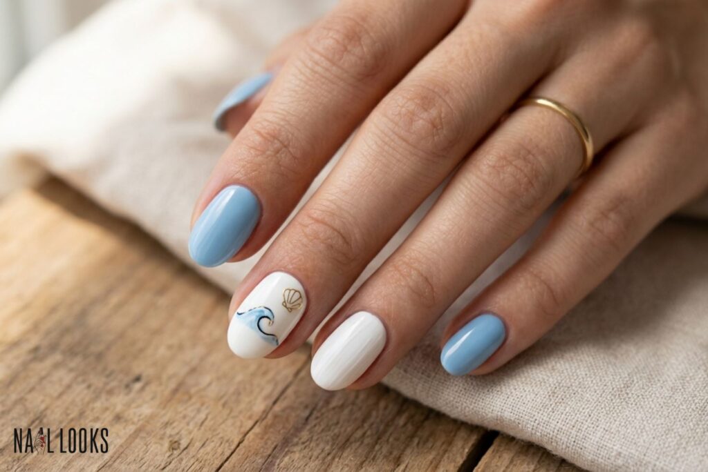 Coastal Blue and White Nails