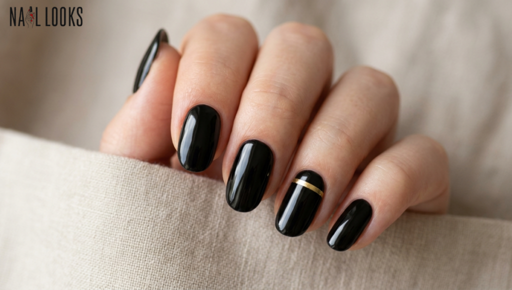 Glossy Black with One Accent Nail
