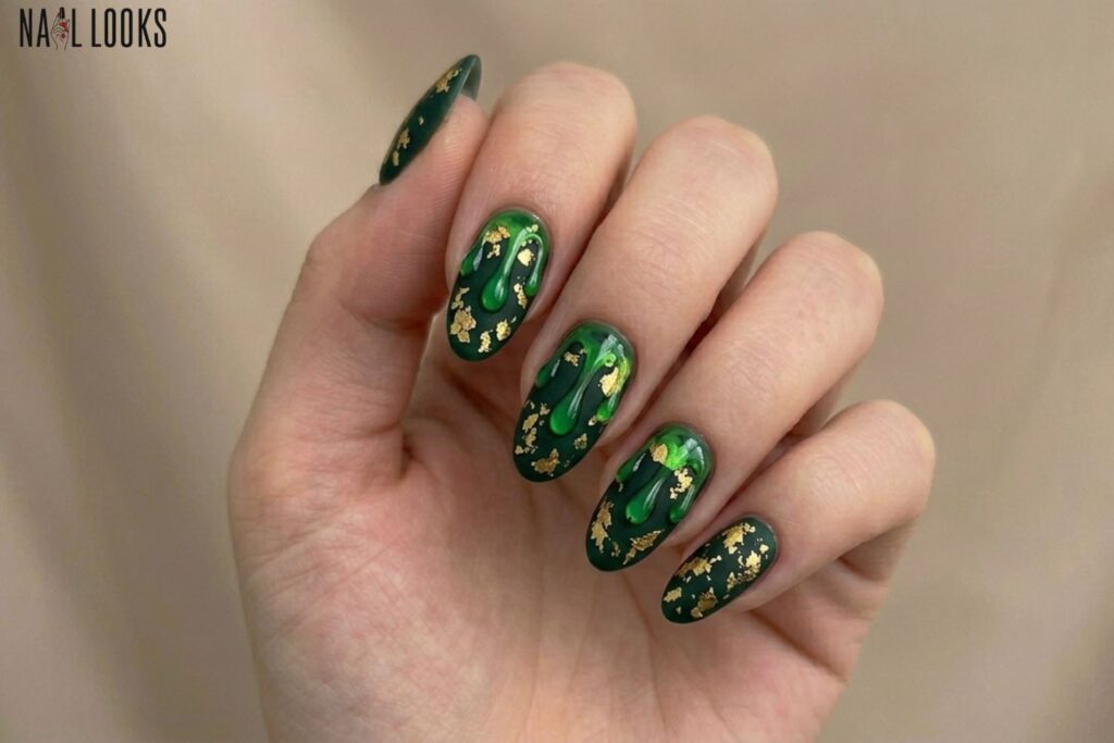 Green Potion Drip Nails with Gold Foil