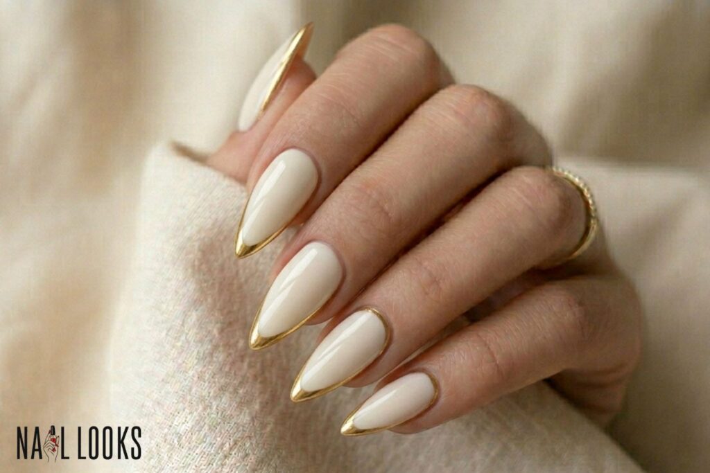Ivory and Gold Stiletto Nails