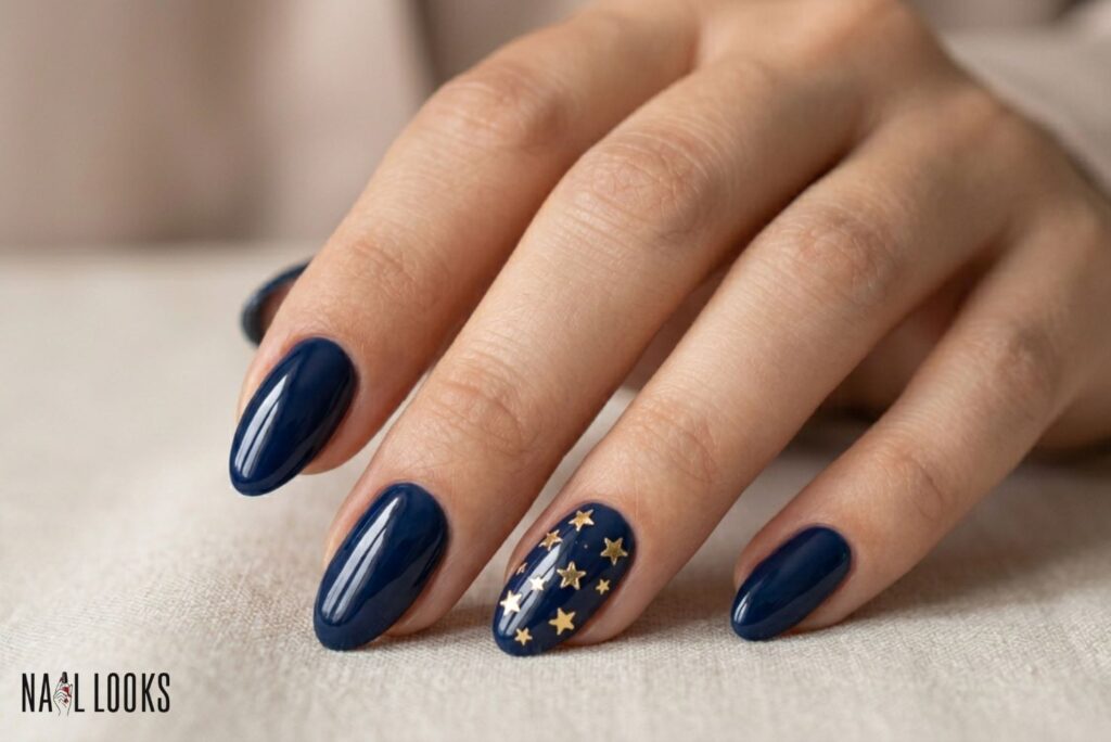 Navy Blue Almond Nails with Gold Stars