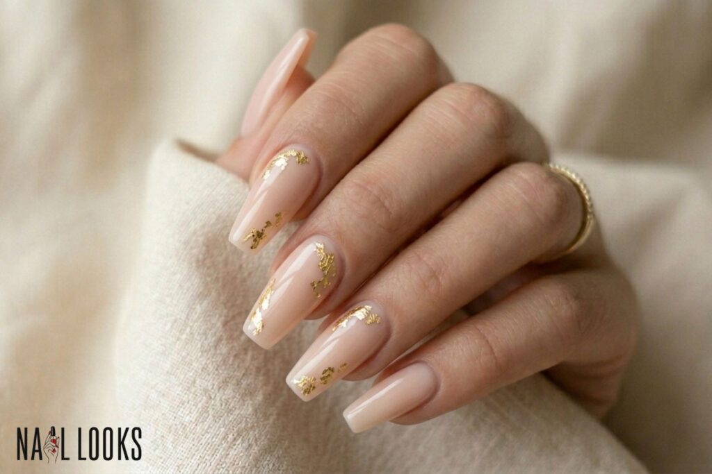 Nude Coffin Nails With Gold Foil