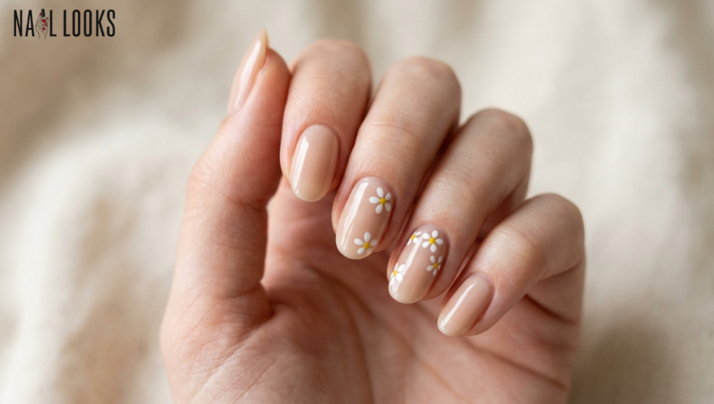 Nude Nails with Small Flowers