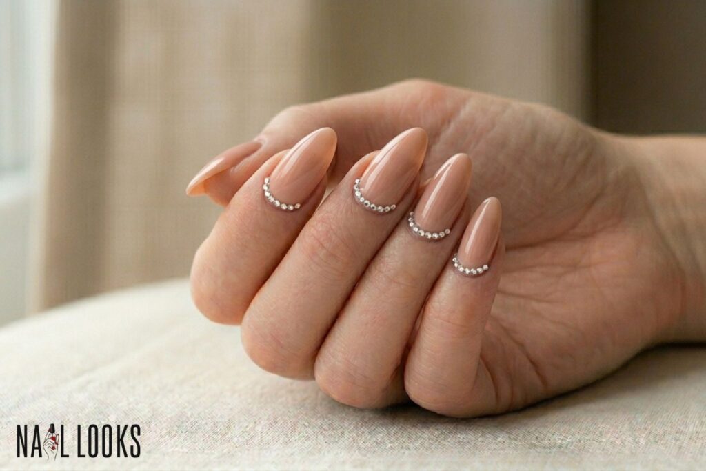 Nude Prom Nails with Tiny Rhinestone Line