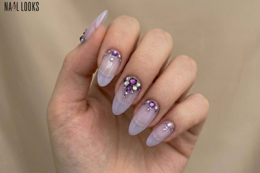 Purple Crystal Clear Nails with Gems