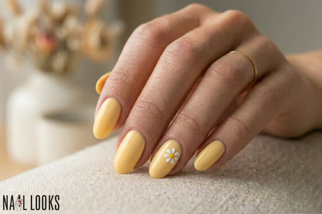 Soft Yellow Nails with a Daisy Detail