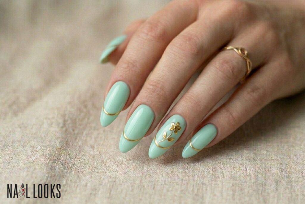 Spring Acrylic Manicure — Mint and Gold