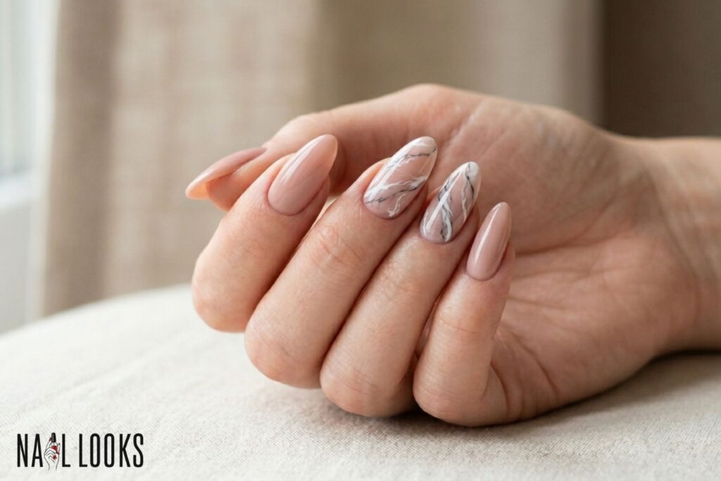 Trendy Prom Nail Art — Marble Look on Nude Base