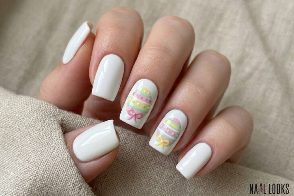 White Base with Colorful Easter Egg Nail Art