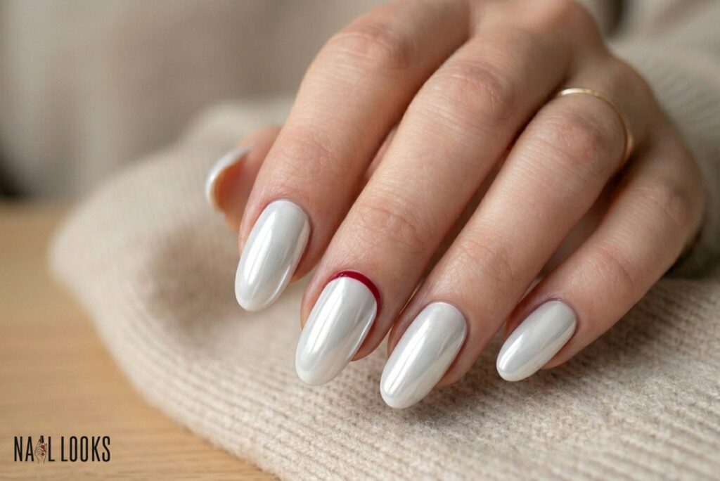 White Chrome Nails with Red Accent