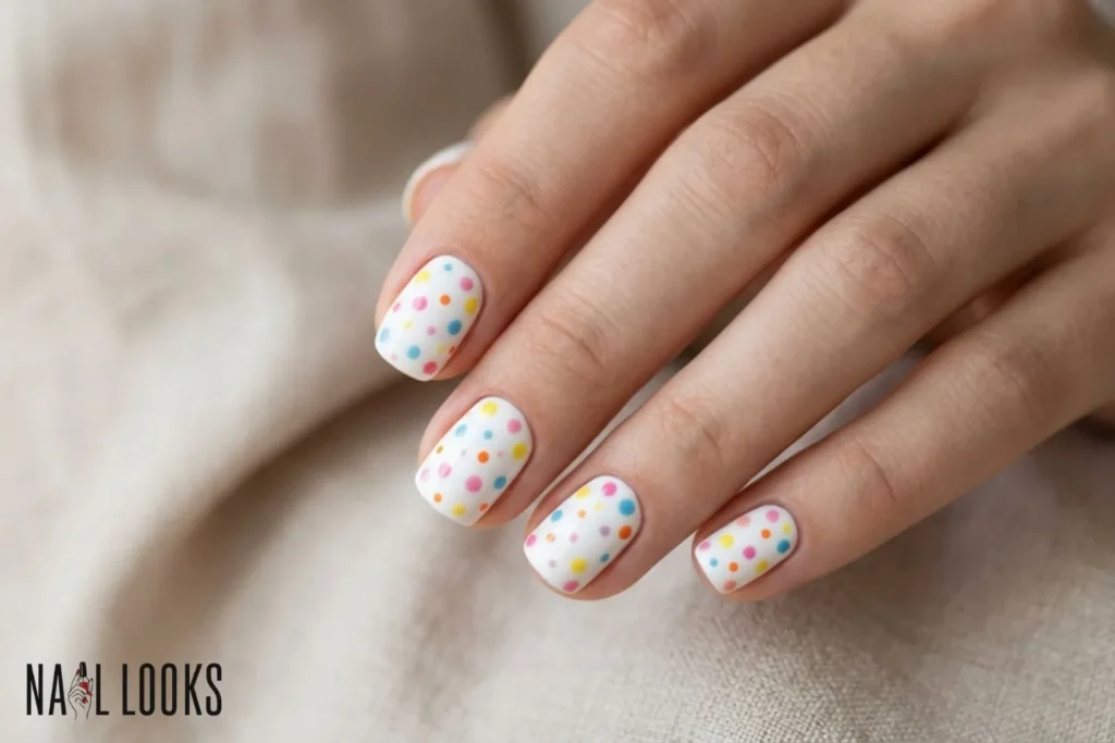 White Nails with Colorful Confetti Dots