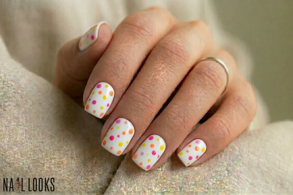 White Nails with Colorful Dots