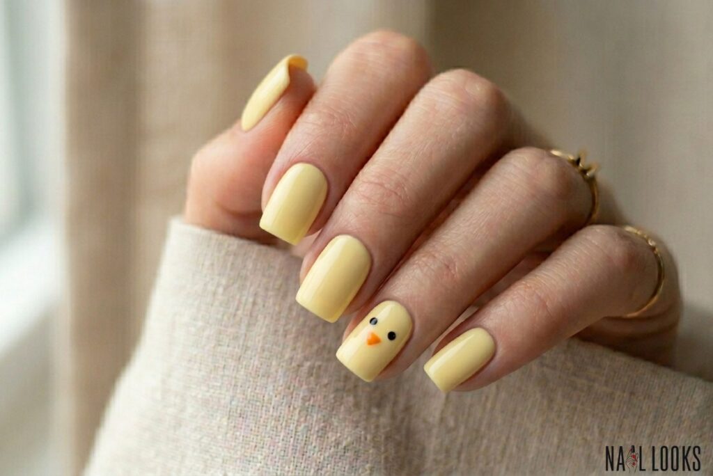 Yellow Chick Nail Art on Short Square Nails