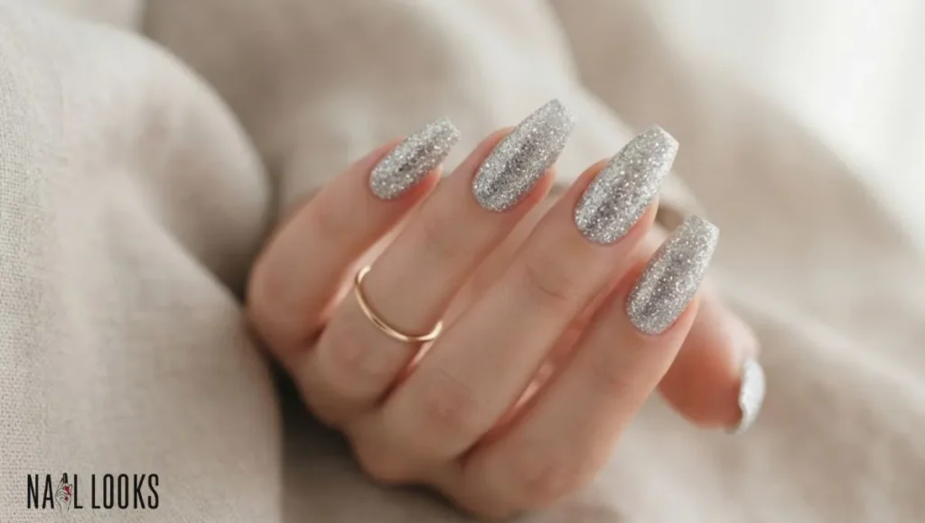 All Glitter Silver Coffin Nails