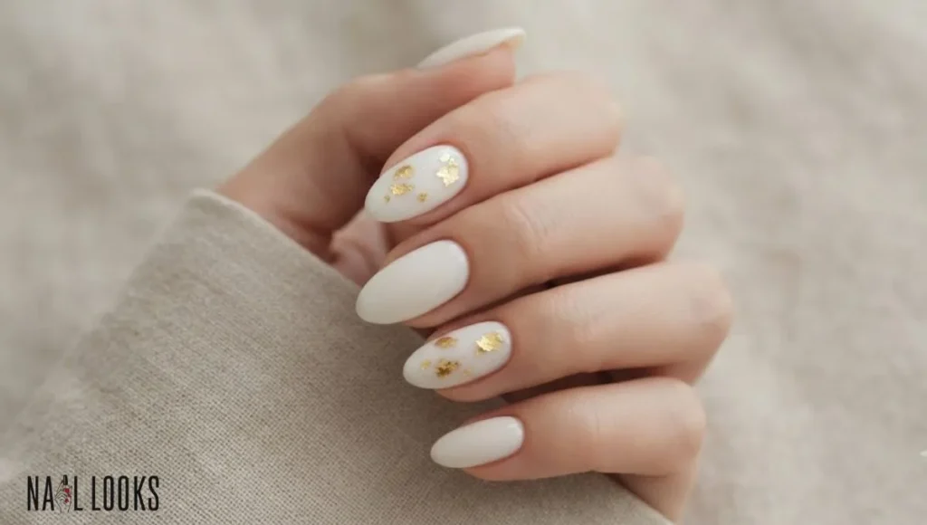 All White Nails with Gold Flakes