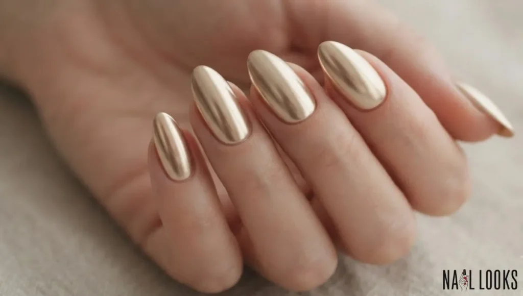 Almond Chrome Nails in Champagne Gold
