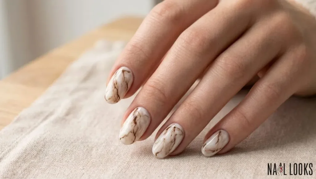 Brown and White Marble Nails