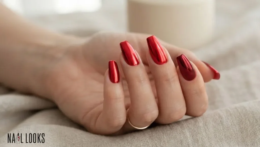 Chrome Red Coffin Nails