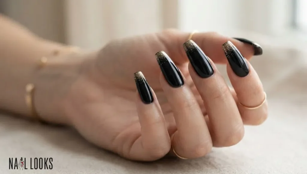 Classic Black Coffin With Gold Glitter Tips