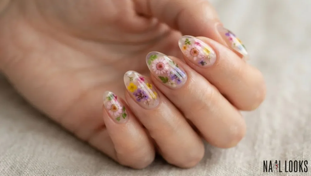 Clear Nails with Dried Flowers