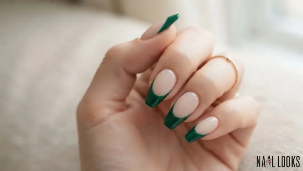 Emerald Green French Tips on Long Coffin Nails