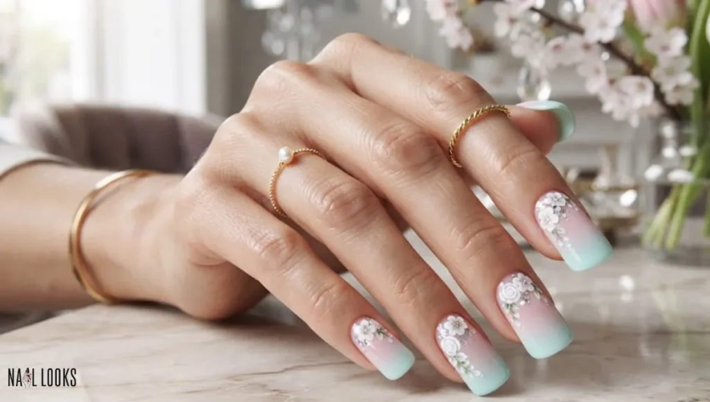 Duck Nails With Nail Art Flowers