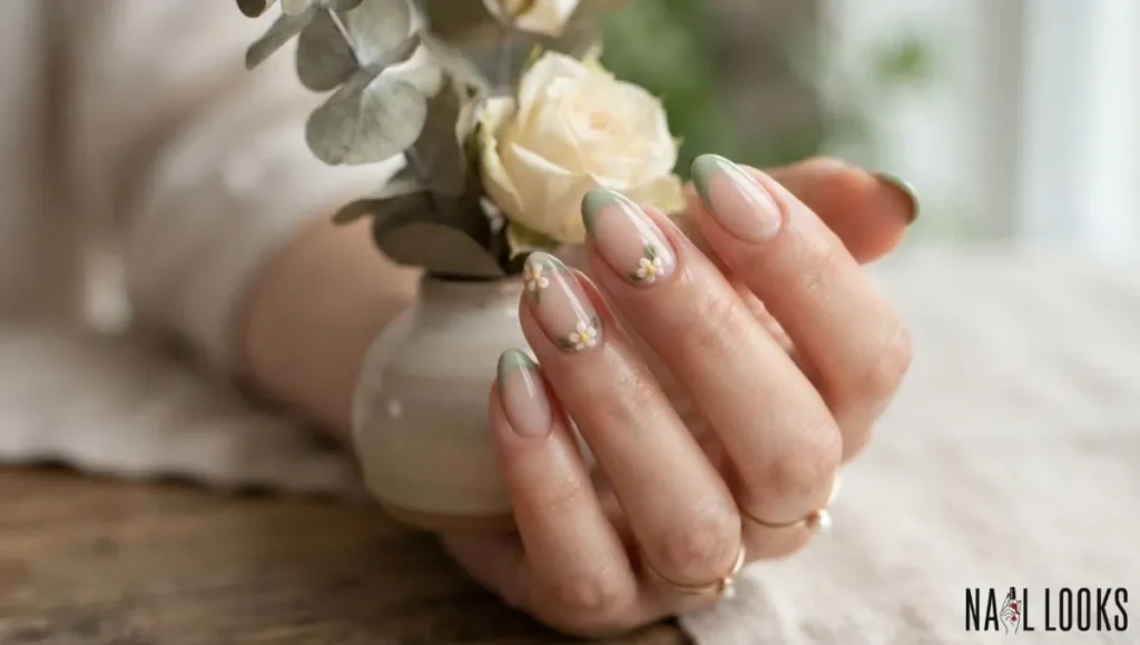 Green French Tips with Tiny Floral Detail