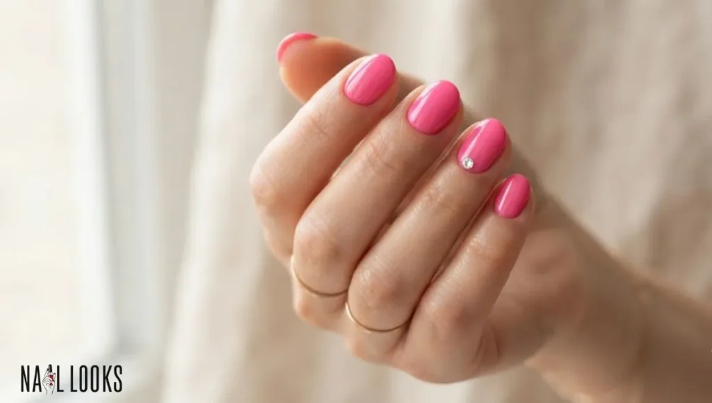 Hot Pink Nails With One Rhinestone Accent