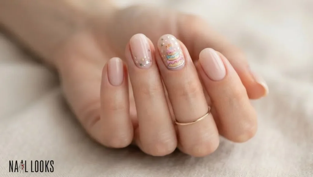 Nude Base With Birthday Cake Nail Art