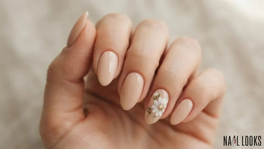 Nude Nails with One Accent Flower