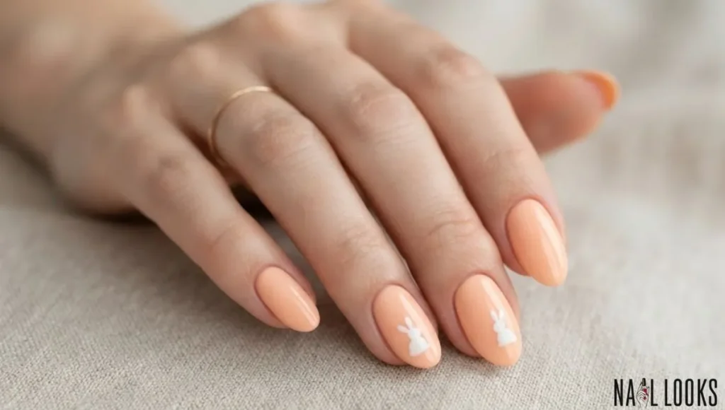 Peach Nails with Tiny Bunniess