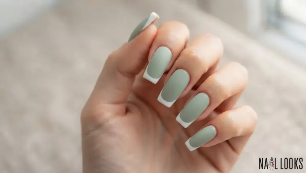 Sage Green Nails with White French Tips - Reversed