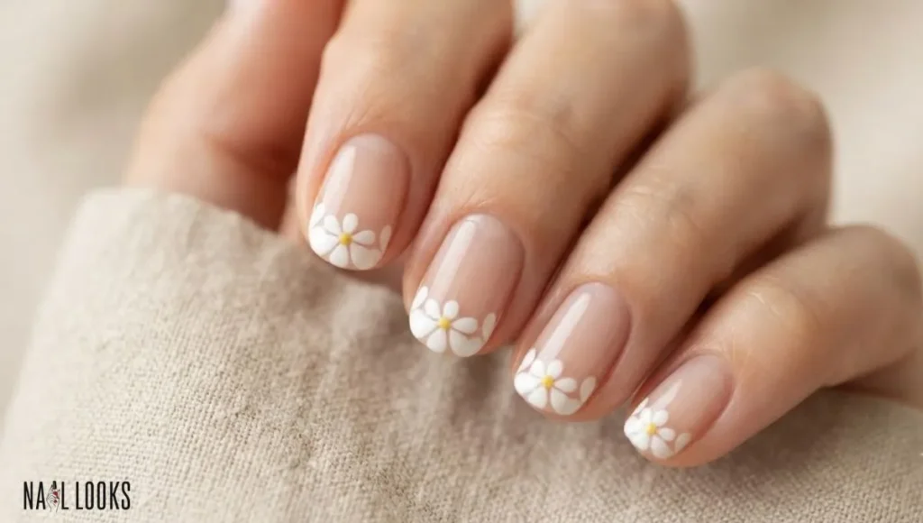 Short Spring Nails - Daisy French Tips