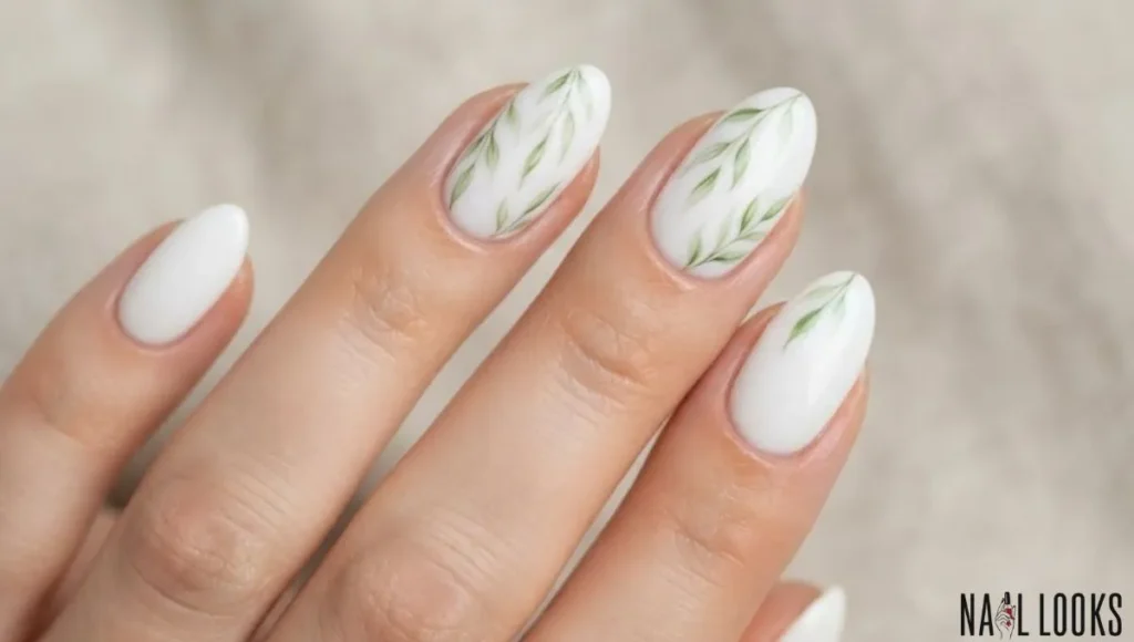 Spring Nail Ideas - Green Leaves on White