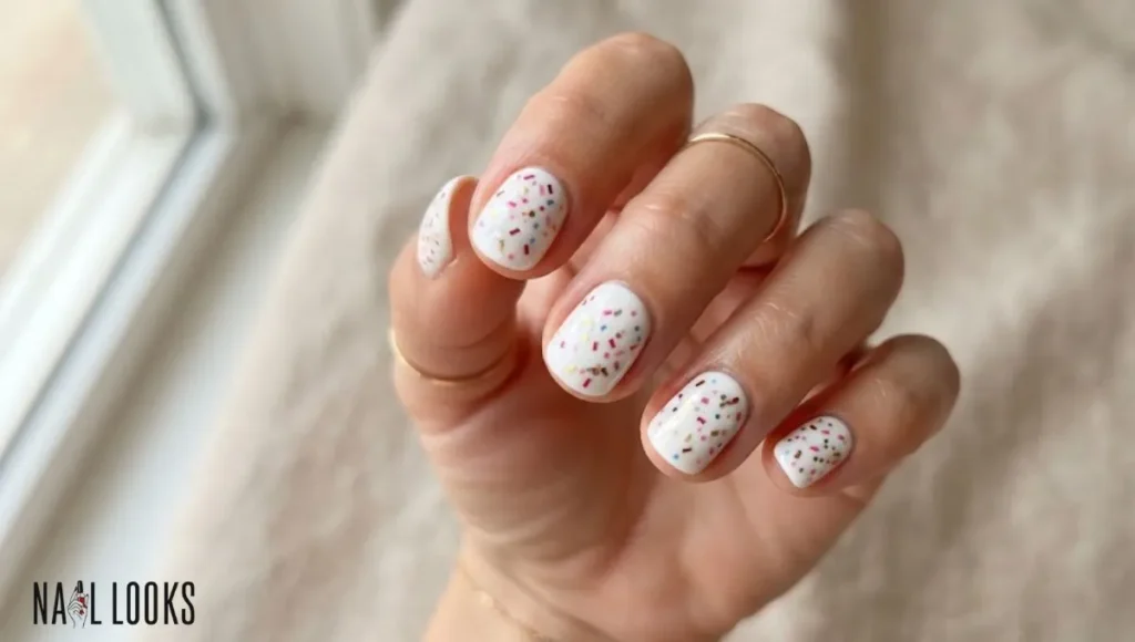 White Base With Colorful Confetti Nail Art