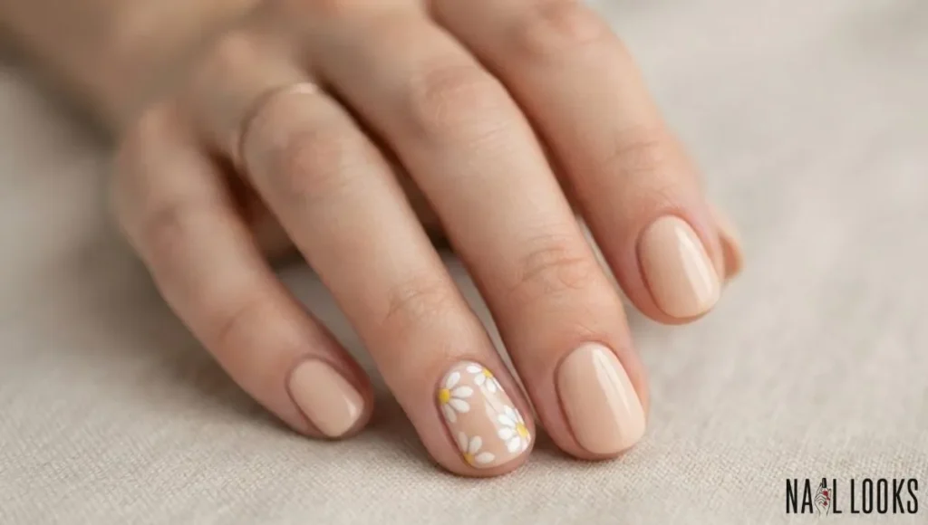 White Daisy Nails on Nude Base