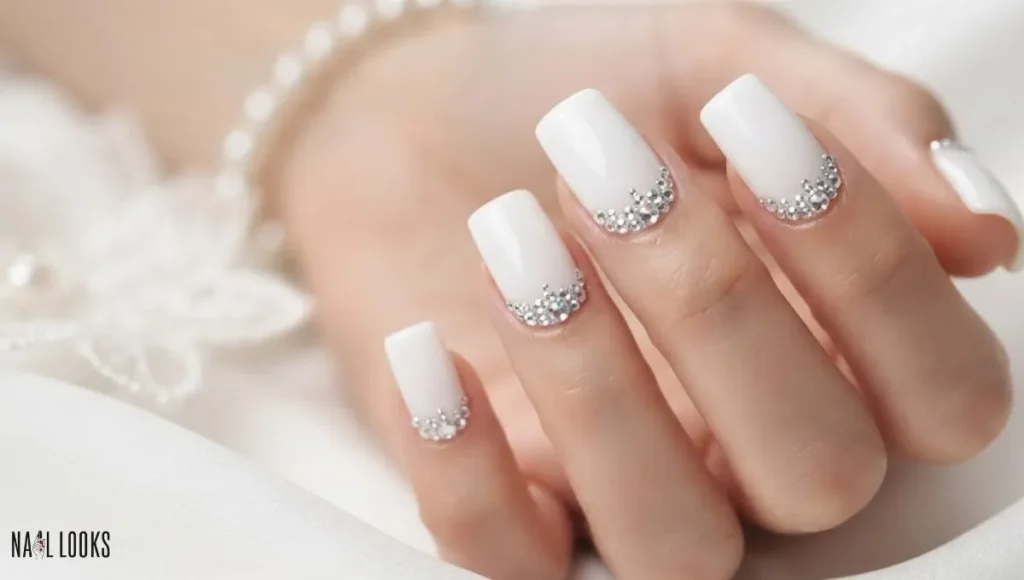 White Duck Nails With Rhinestones