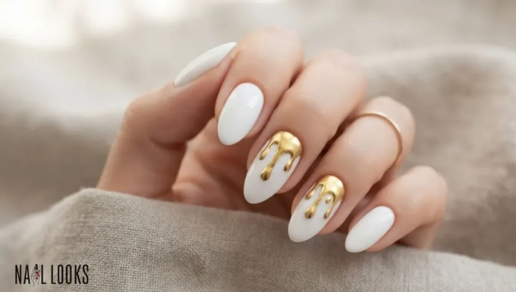 White Nails With Gold Drip Design