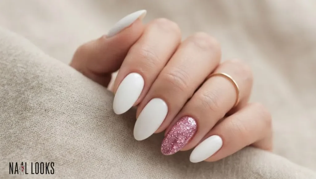 White Nails With Pink Glitter Accent