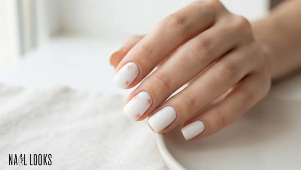 White Nails With Small Pink Flowers