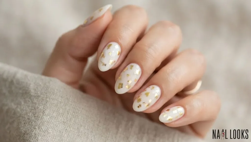 White Nails with Gold Flakes