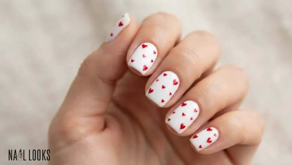 White Nails with Red Hearts