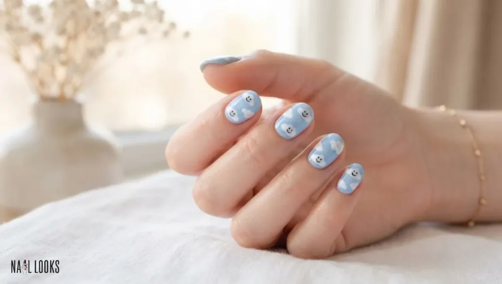 Sky-Blue Nails with Cloud Smiles